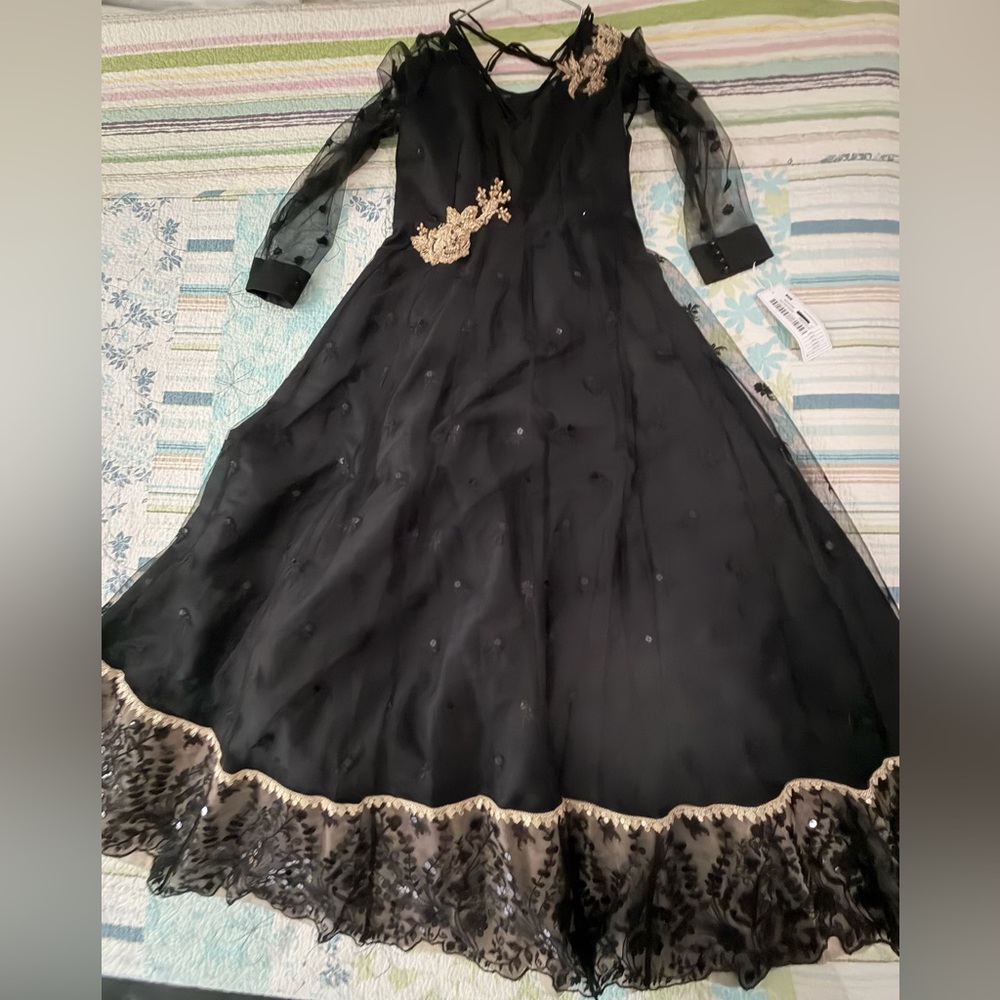 Pakistani Designer Black Dress Gown with Gold Accents - Picture 2 of 16